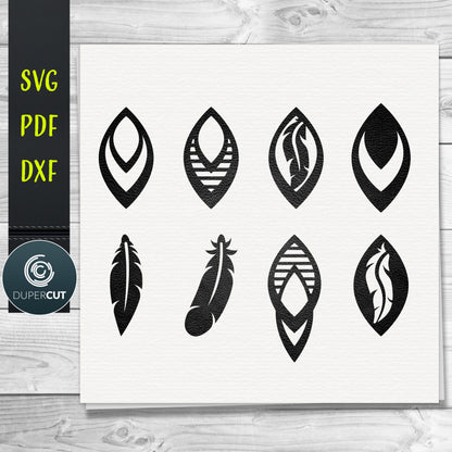 DIY Feather Leather Earrings SVG PDF DXF vector files. Jewellery making template for laser and cutting machines - Glowforge, Cricut, Silhouette Cameo.