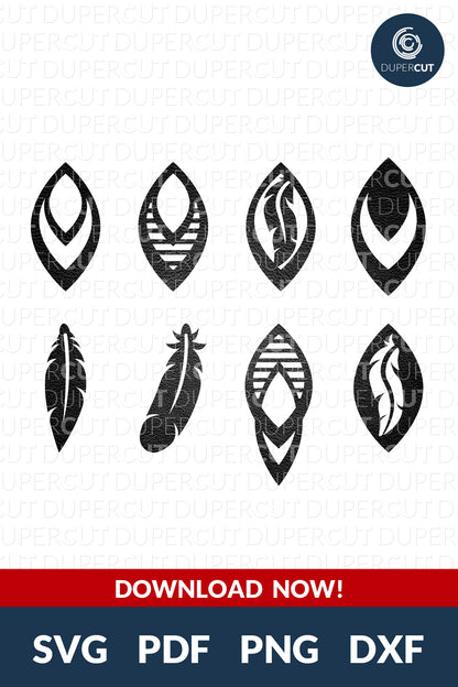 DIY Feather Leather Wood Earrings SVG PDF DXF vector files. Jewellery making template for laser and cutting machines - Glowforge, Cricut, Silhouette Cameo.