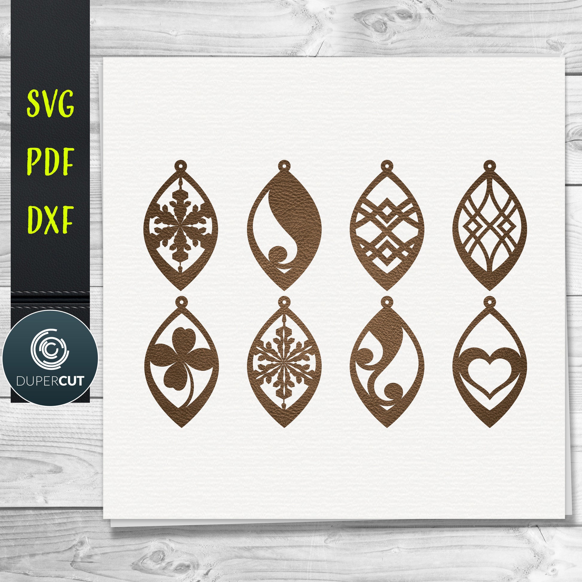Snowflake earrings, heart. DIY Leather Earrings SVG PDF DXF vector files. Jewellery making template for laser and cutting machines - Glowforge, Cricut, Silhouette Cameo.