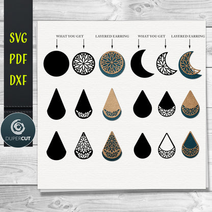 Layered Leather Earrings SVG PDF DXF vector files. Jewellery making template for laser and cutting machines - Glowforge, Cricut, Silhouette Cameo.