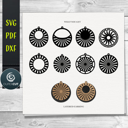 Round circular Layered Leather Earrings SVG PDF DXF vector files. Jewellery making template for laser and cutting machines - Glowforge, Cricut, Silhouette Cameo.
