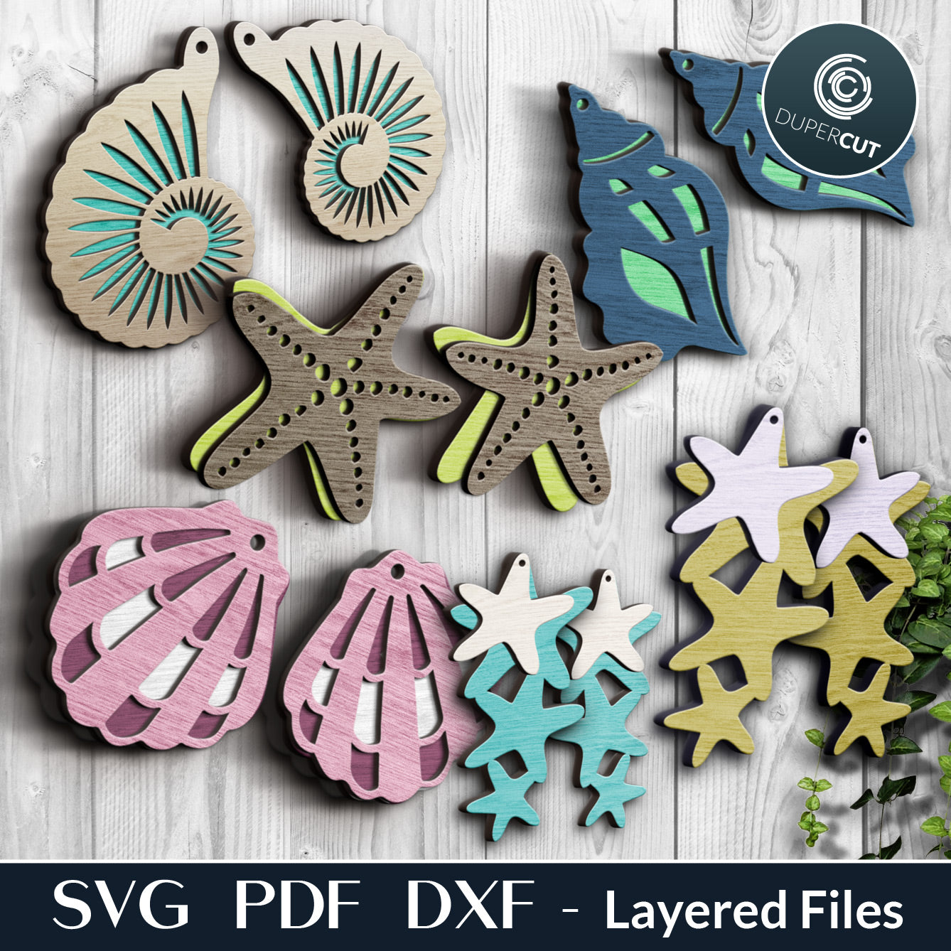 Layered seashell earrings vector template, SVG PDF DXF files for laser cutting on wood, leather, acrylic. Use with Glowforge, Cricut, Silhouette cameo.