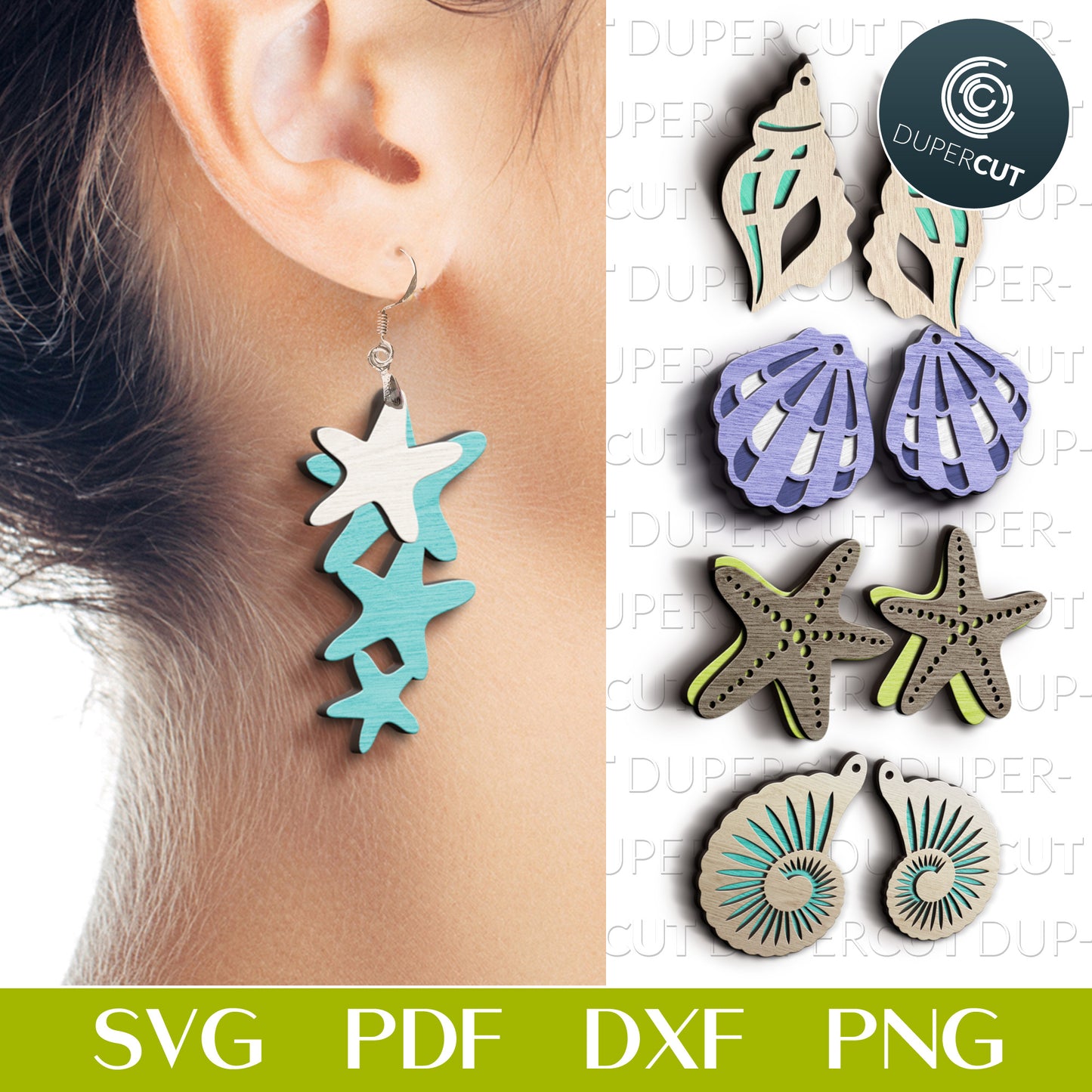 Layered seashell earrings, SVG PDF DXF files for laser cutting on wood, leather, acrylic. Use with Glowforge, Cricut, Silhouette cameo.