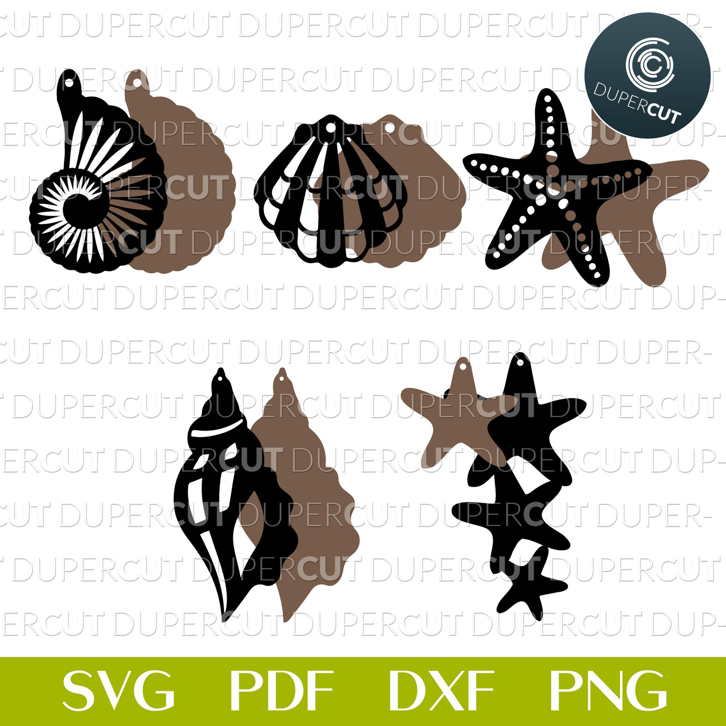 Layered seashell earrings vector files - starfish, conch shell, SVG PDF DXF template for laser cutting on wood, leather, acrylic. Use with Glowforge, Cricut, Silhouette cameo.