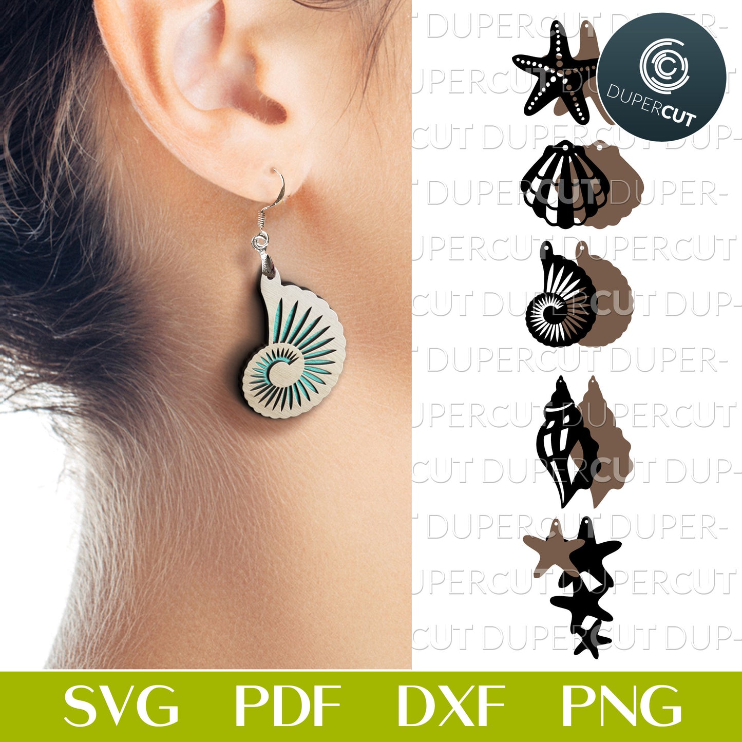 Layered beach seashells earrings, SVG PDF DXF files for laser cutting on wood, leather, acrylic. Use with Glowforge, Cricut, Silhouette cameo.