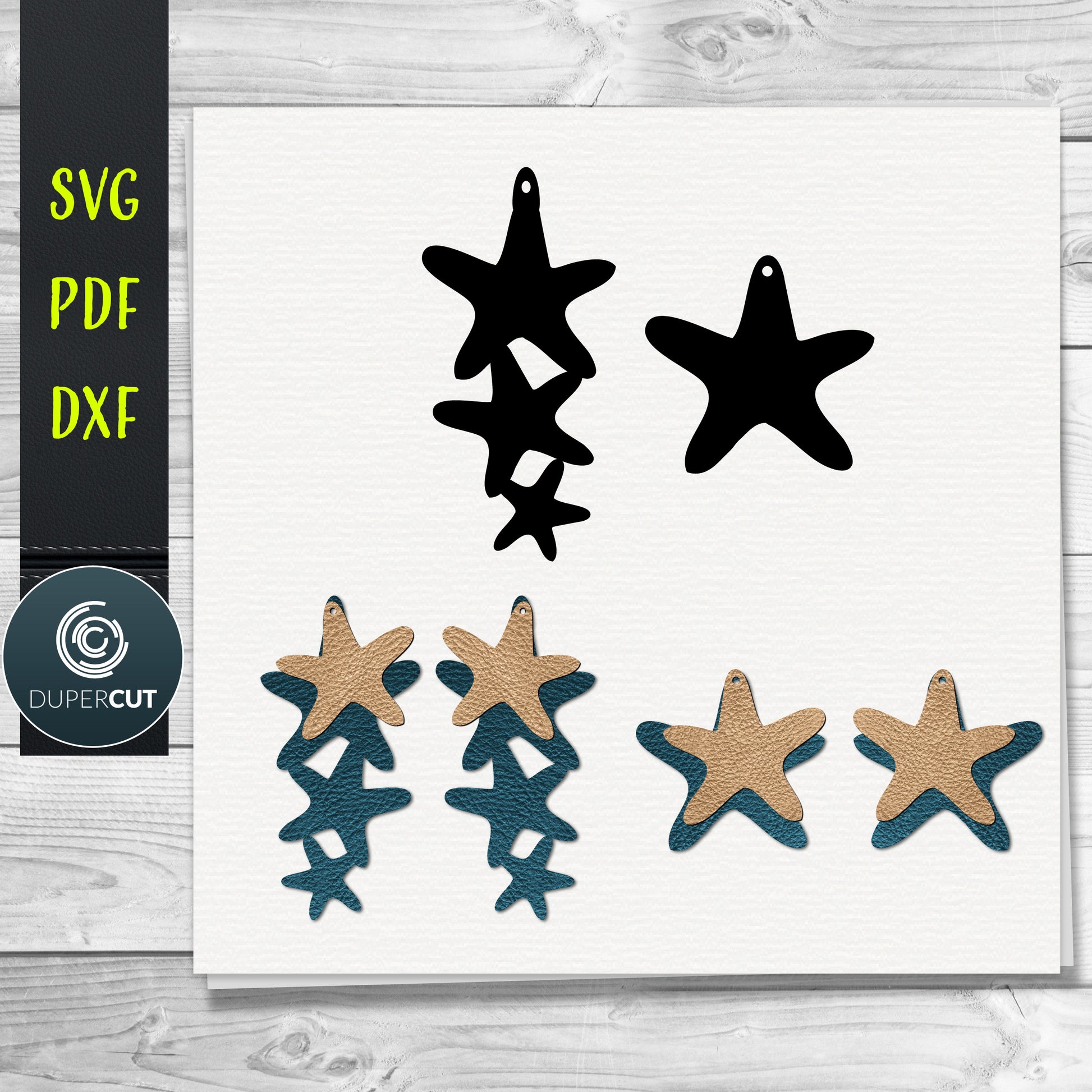 DIY Starfish sea shells Layered Leather Earrings SVG PDF DXF vector files. Jewellery making template for laser and cutting machines - Glowforge, Cricut, Silhouette Cameo.