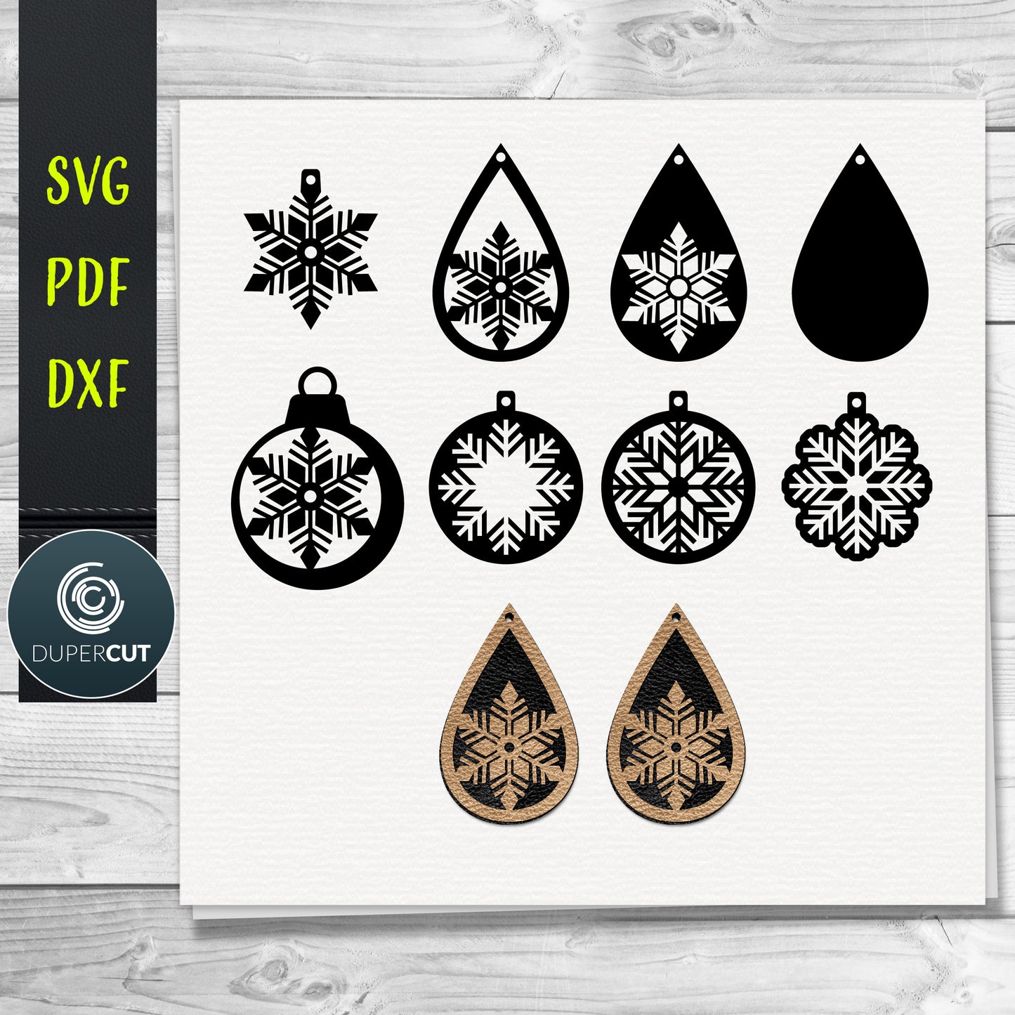 DIY Snowflakes Layered Leather Earrings SVG PDF DXF vector files. Jewellery making template for laser and cutting machines - Glowforge, Cricut, Silhouette Cameo.