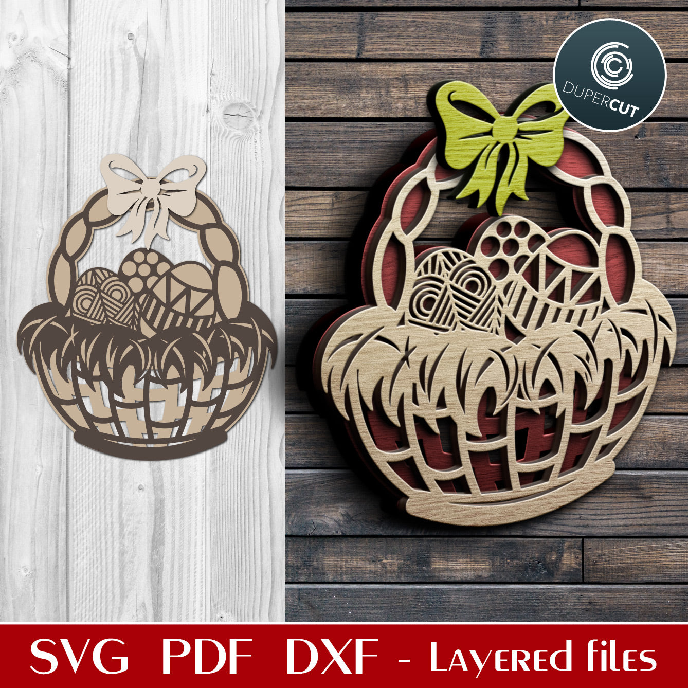 Easter eggs basket - layered cutting template - SVG PDF DXF laser cut files for Glowforge, Cricut, Silhouette cameo, CNC Plasma machines