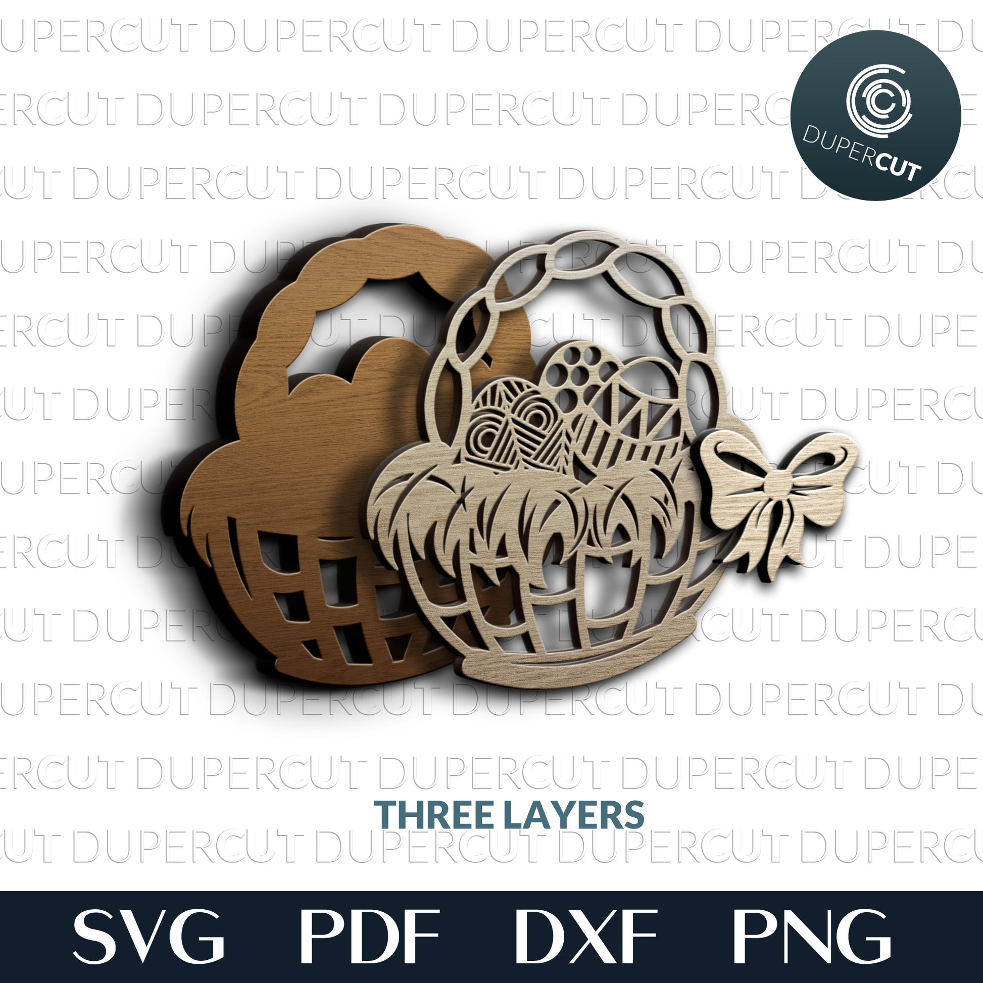 Basket with Easter eggs and bow - layered cutting template - SVG PDF DXF laser cut files for Glowforge, Cricut, Silhouette cameo, CNC Plasma machines