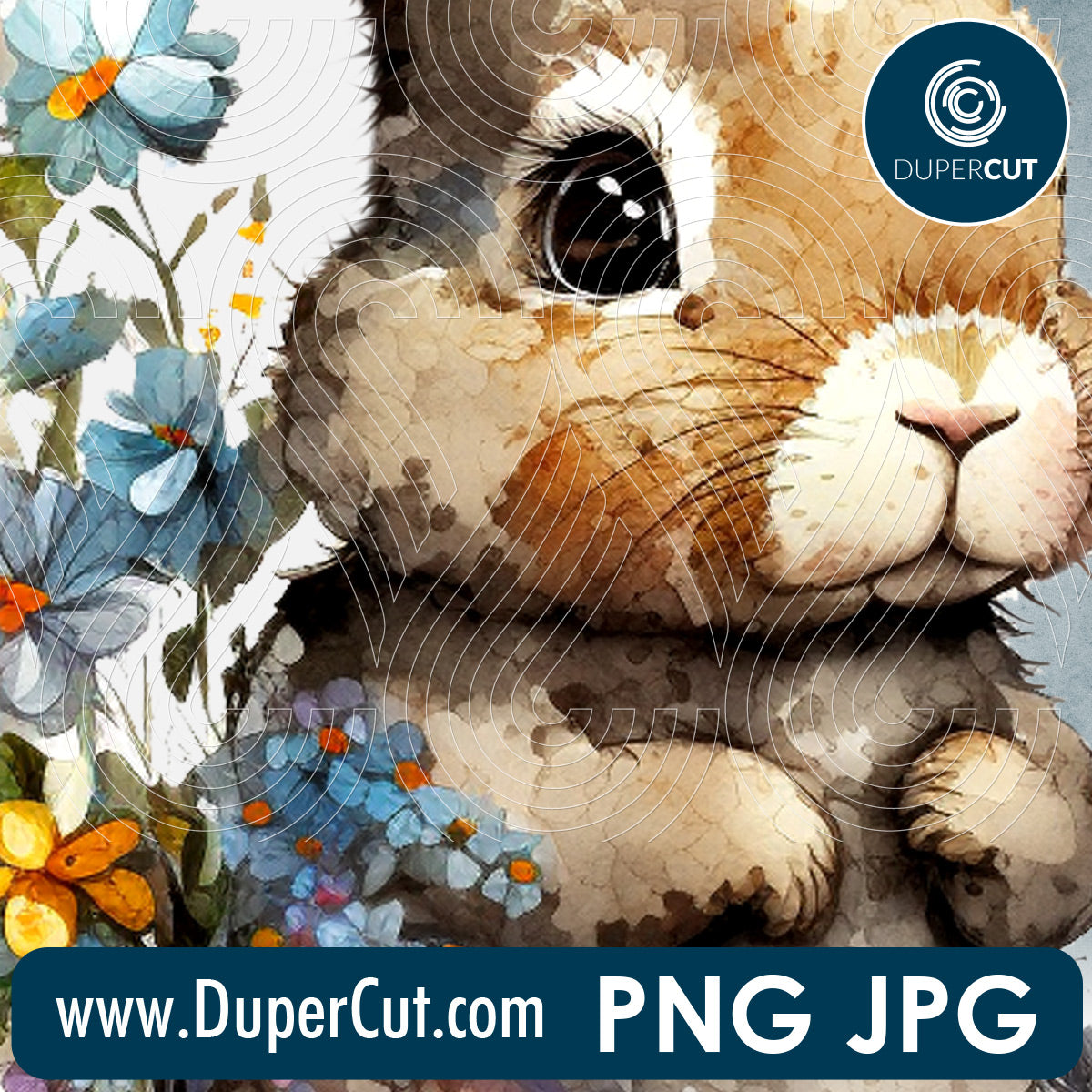 Cute Easter bunny with flowers watercolor - full color files for sublimation, print on demand, high resolution PNG JPG template transparent background by www.dupercut.com