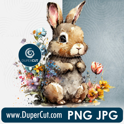 Cute Easter bunny with flowers - full color files for sublimation, print on demand, high resolution PNG JPG template transparent background by www.dupercut.com