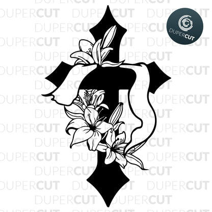 Paper cutting template - Easter Cross with Lilies - Christian Cross