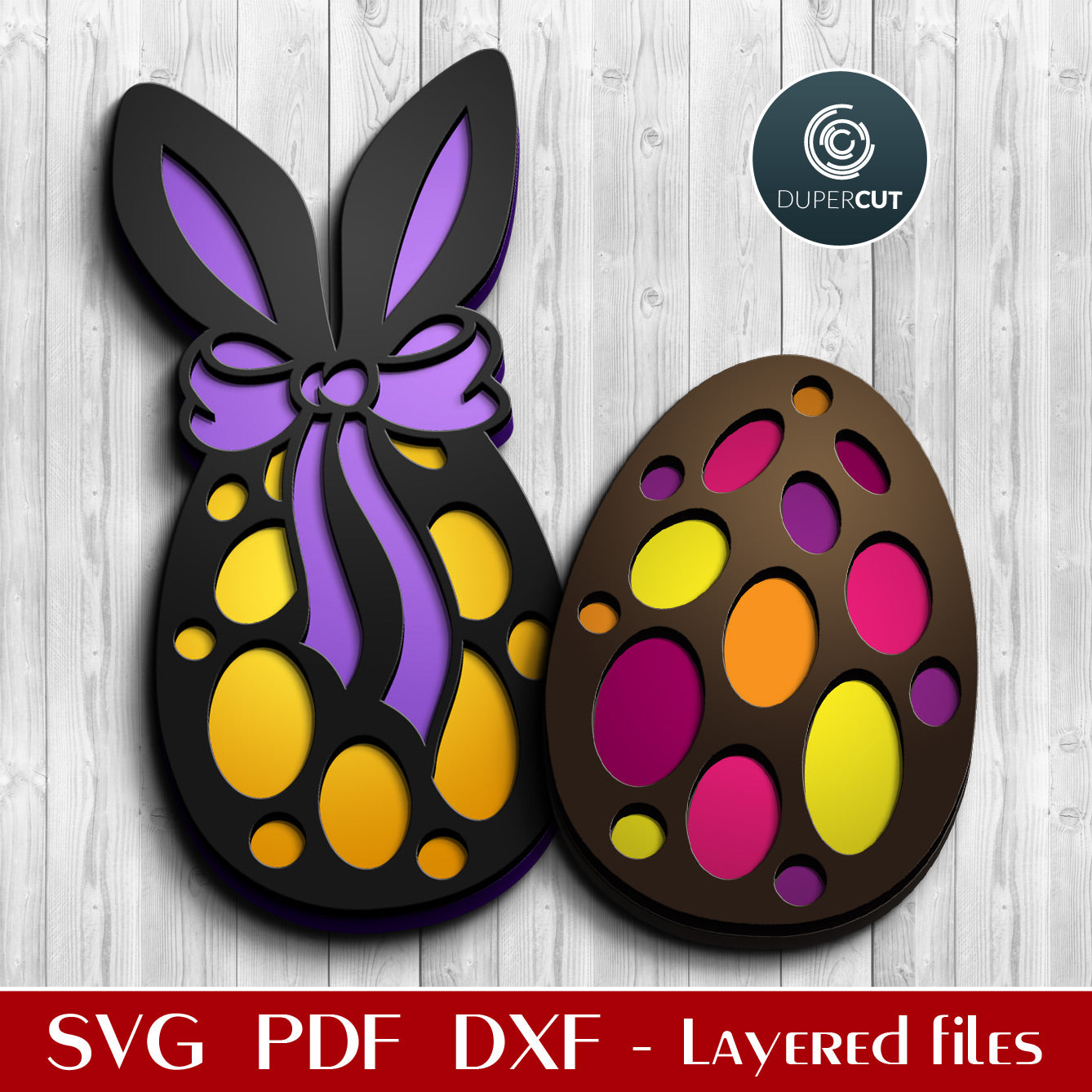 Polka dot and bunny ears Easter egg - SVG DXF layered vector files for laser cutting with Glowforge, Cricut, Silhouette Cameo, CNC plasma machines, scroll saw by DuperCut.com