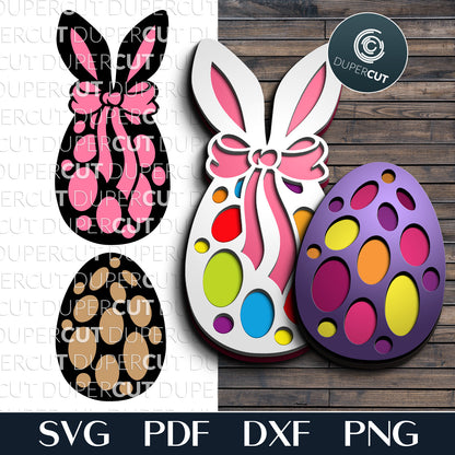 Easter egg with bunny ears DIY decoration - SVG DXF layered vector files for laser cutting with Glowforge, Cricut, Silhouette Cameo, CNC plasma machines, scroll saw by DuperCut.com