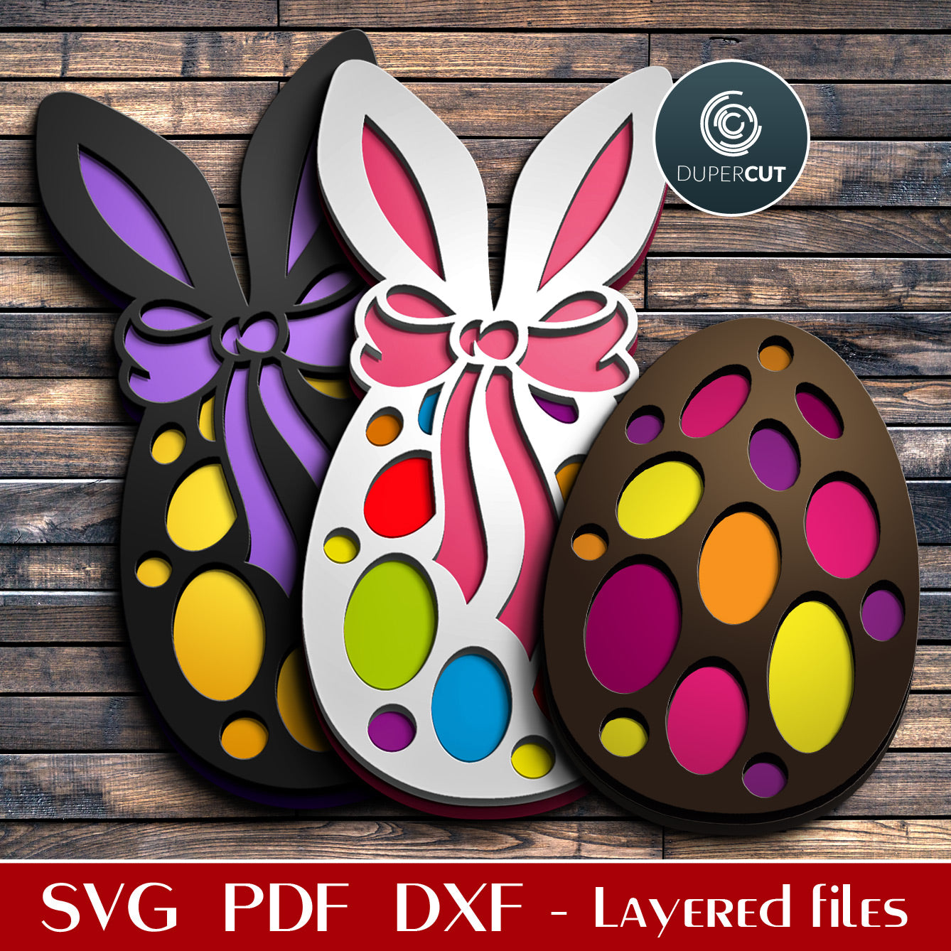 Easter egg with bunny ears DIY decoration - SVG DXF layered vector files for laser cutting with Glowforge, Cricut, Silhouette Cameo, CNC plasma machines, scroll saw by DuperCut.com