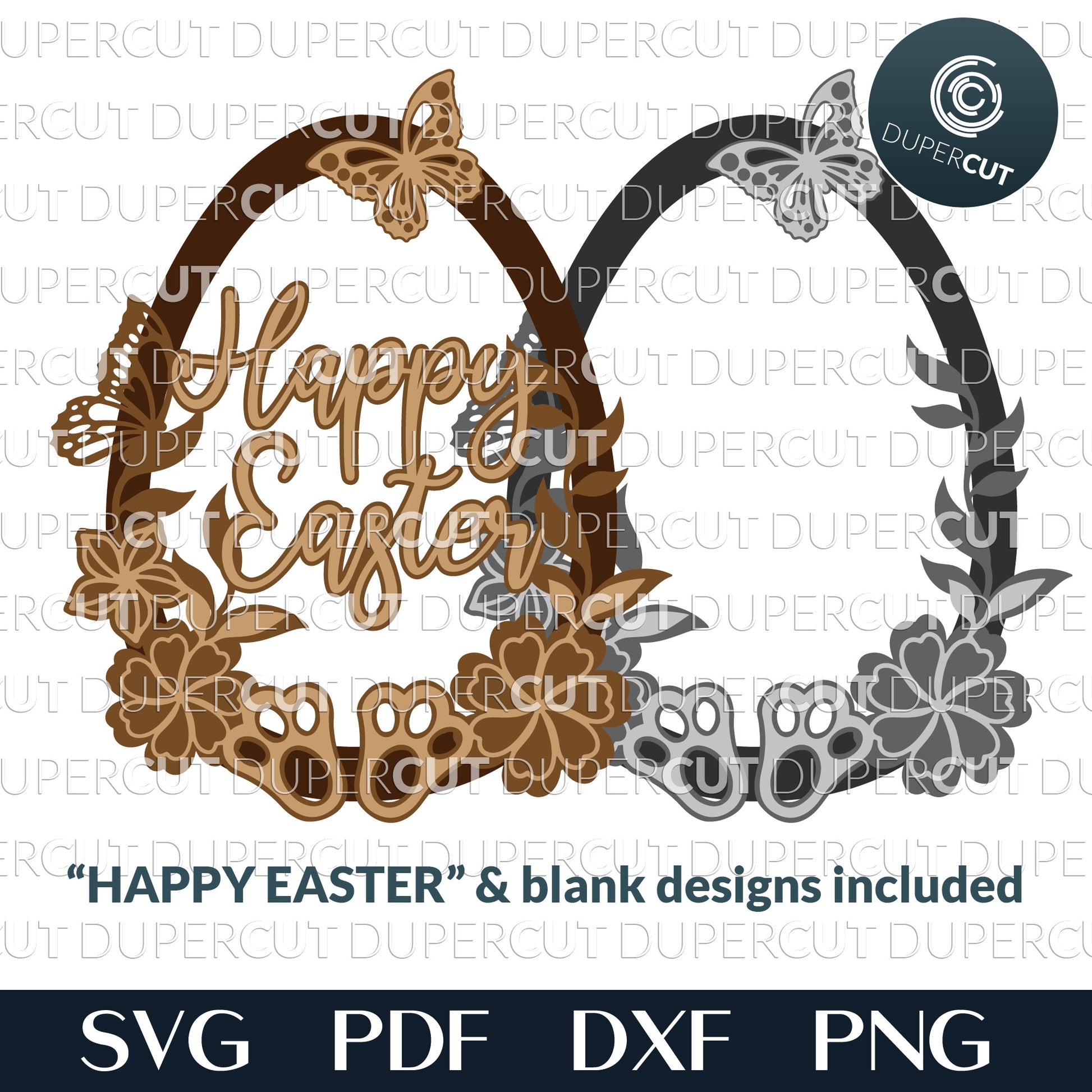 Easter egg with flowers and bunny feet - SVG PDF DXF layered cutting files for Cricut, Silhouette Cameo, Glowforge laser, CNC plasma machines