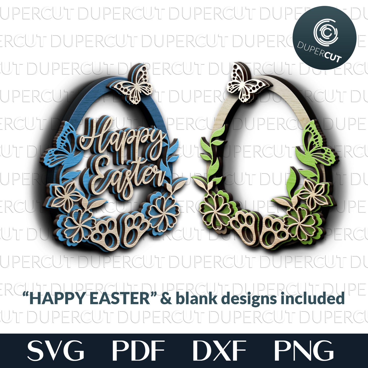 Easter egg with flowers and bunny feet - add custom text  - SVG PDF DXF layered cutting files for Cricut, Silhouette Cameo, Glowforge laser, CNC plasma machines