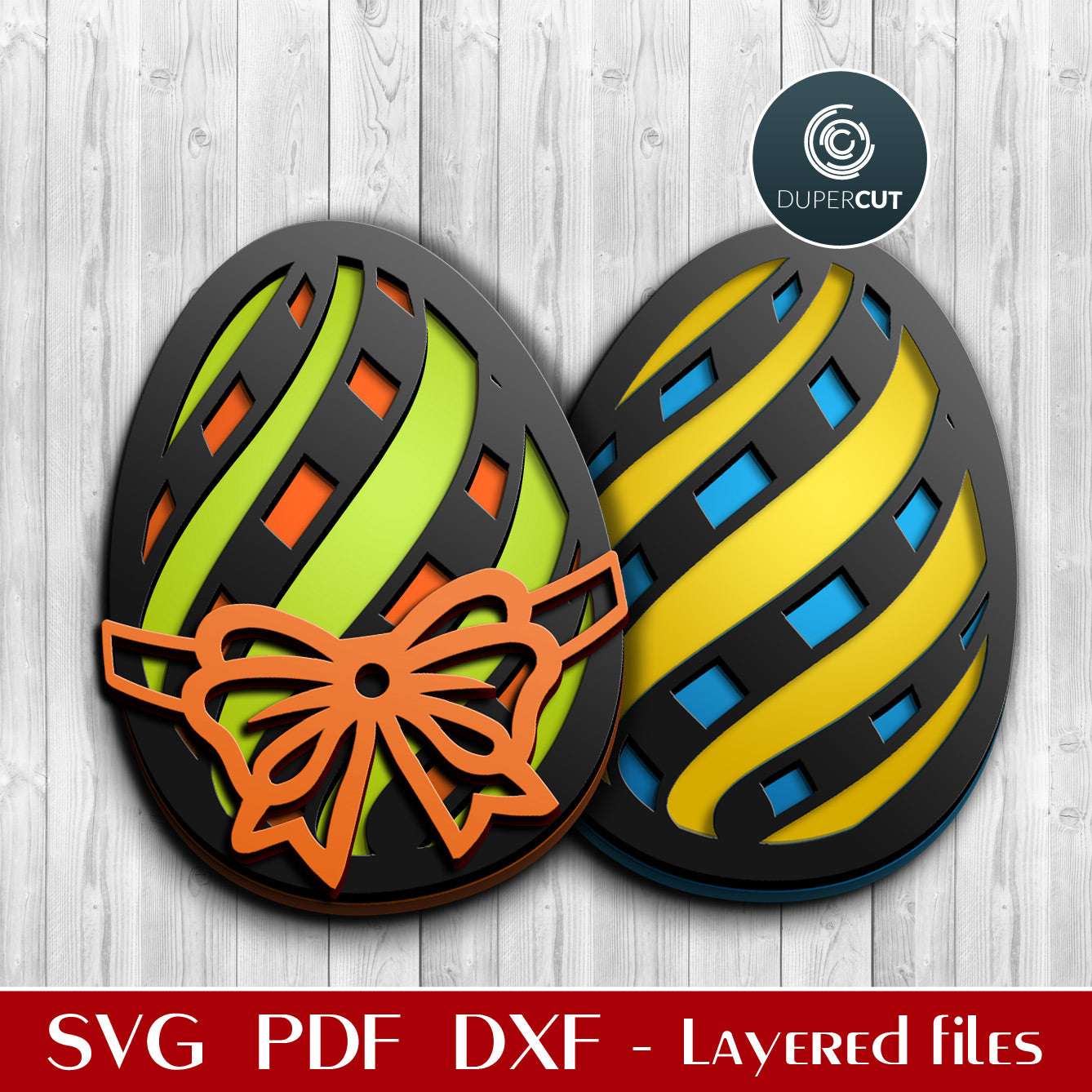 Easter egg with stripes and a bow DIY decoration - SVG DXF layered cutting files for Glowforge, Cricut, Silhouette Cameo, scroll saw by DuperCut.com