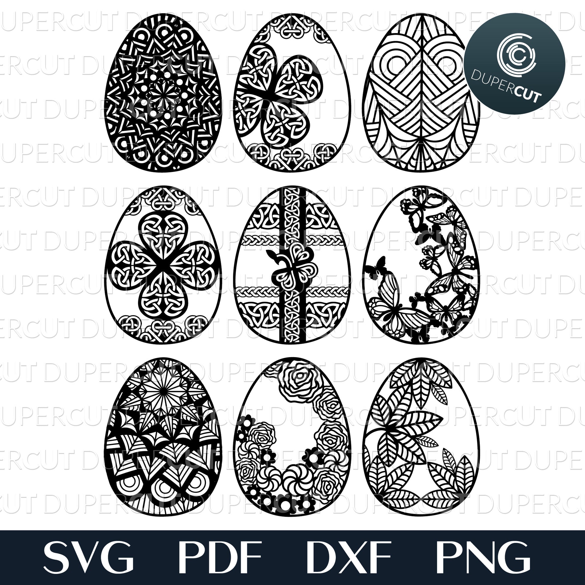 Easter eggs pysanka template collection  - SVG DXF PNG vector files for laser and CNC machines, Cricut, Silhouette Cameo, Glowforge projects. 
