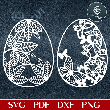 Easter eggs paper cutting template, leaves and butterflies - SVG DXF PNG vector files for laser and CNC machines, Cricut, Silhouette Cameo, Glowforge projects. 