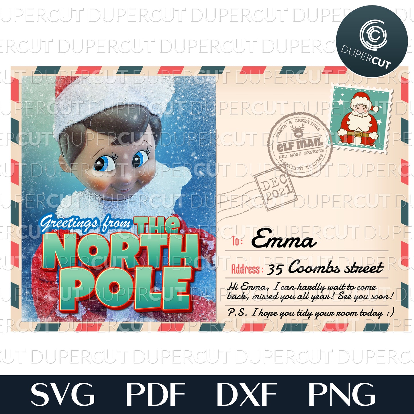 Elf on the shelf pre-arrival postcard - add custom text - greetings from the north pole. Printable files for sublimation or print.