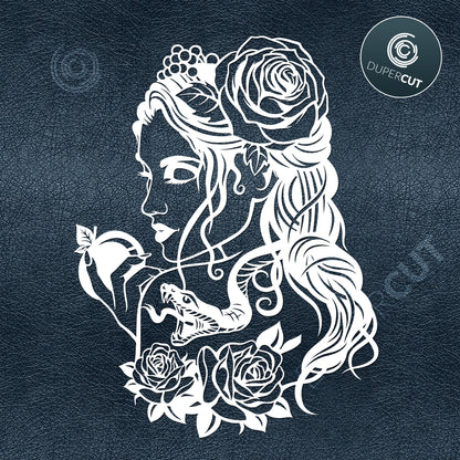 Paper cutting template - Files for Cricut, for Glowforge - Girl with apple and snake