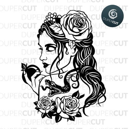 Paper cutting template - Eve with Apple Illustration - Girl with snake
