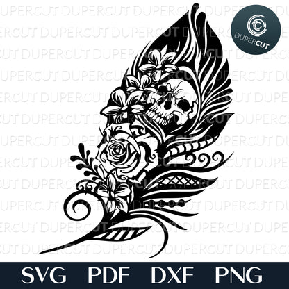 Papercutting Template - Gothic Feather with flowers and skull,  steampunk skull SVG PNG DXF cutting files for Cricut, Glowforge, Silhouette cameo, laser engraving