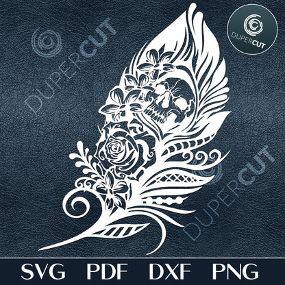 Papercutting Template - Floral Feather with Skull 