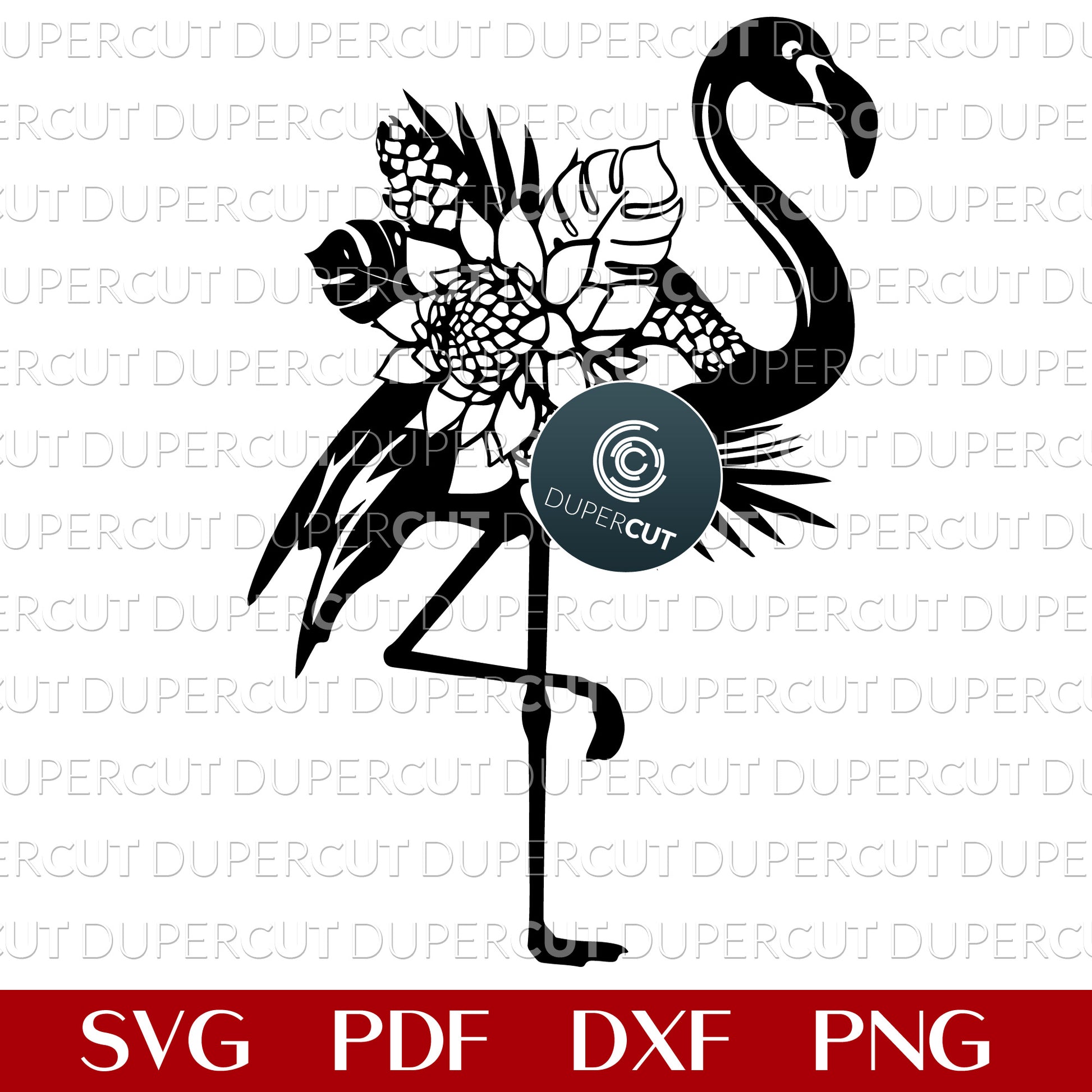 Tropical flower bouquet Flamingo - paper cutting template SVG PNG DXF vector files for sublimation, laser engraving and cutting with Glowforge, Cricut, Silhouette Cameo