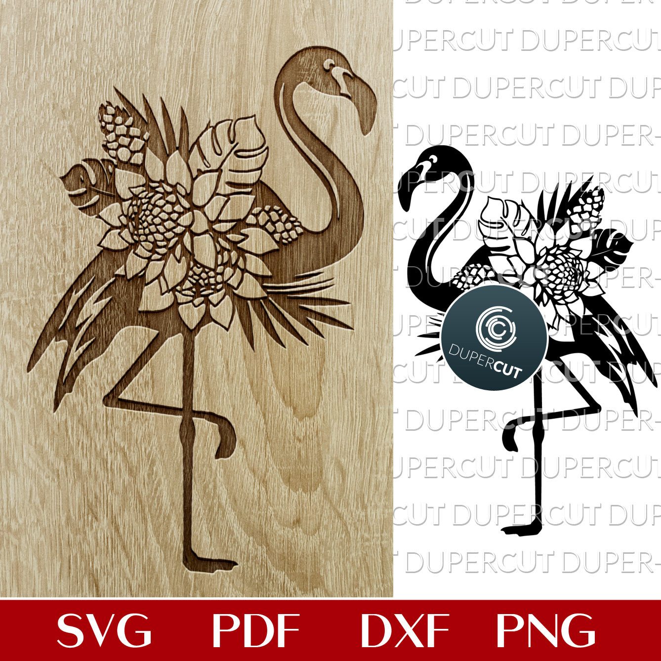 Flamingo with tropical flower bouquet - paper cutting template SVG PNG DXF vector files for sublimation, laser engraving and cutting with Glowforge, Cricut, Silhouette Cameo