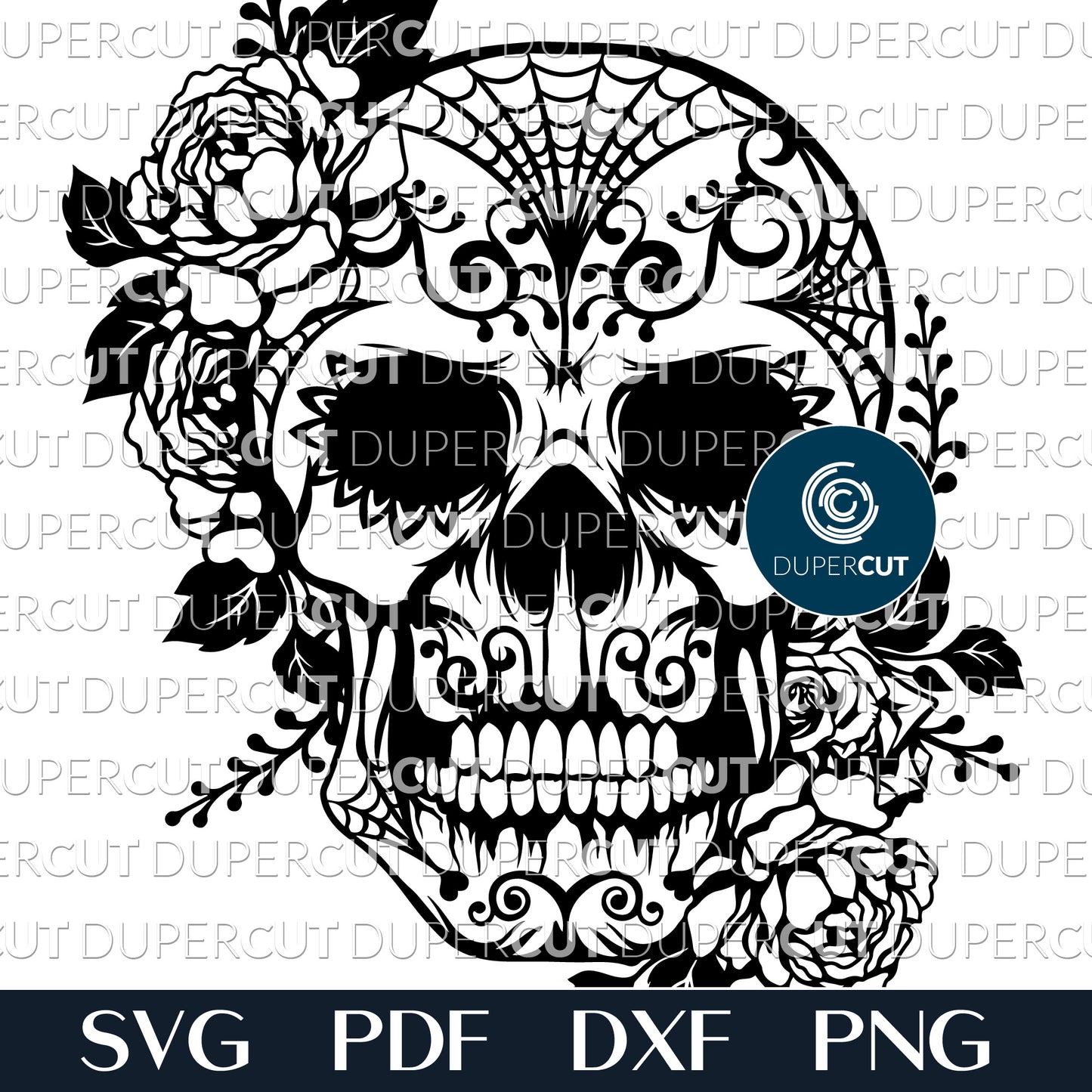 Gothic Sugar Skull - Day of the dead illustration - SVG DXF PNG laser cutting and engraving files for Cricut, Silhouette Cameo, Glowforge by DuperCut