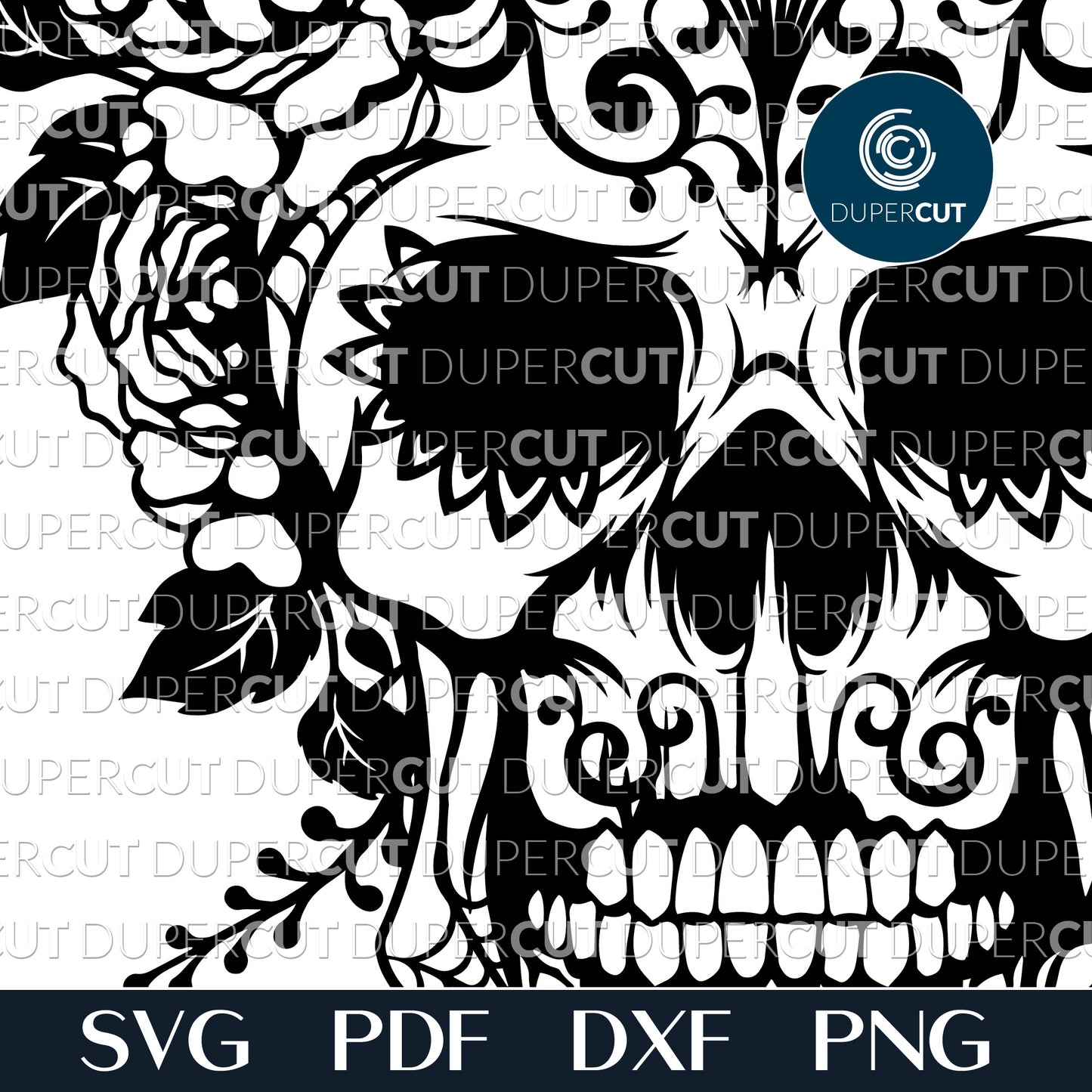 Gothic Sugar Skull with roses - SVG DXF PNG laser cutting and engraving files for Cricut, Silhouette Cameo, Glowforge by DuperCut