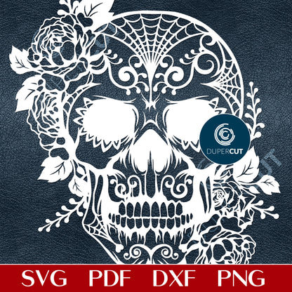 Steampunk Sugar Skull with flowers - SVG DXF PNG laser cutting and engraving files for Cricut, Silhouette Cameo, Glowforge by DuperCut