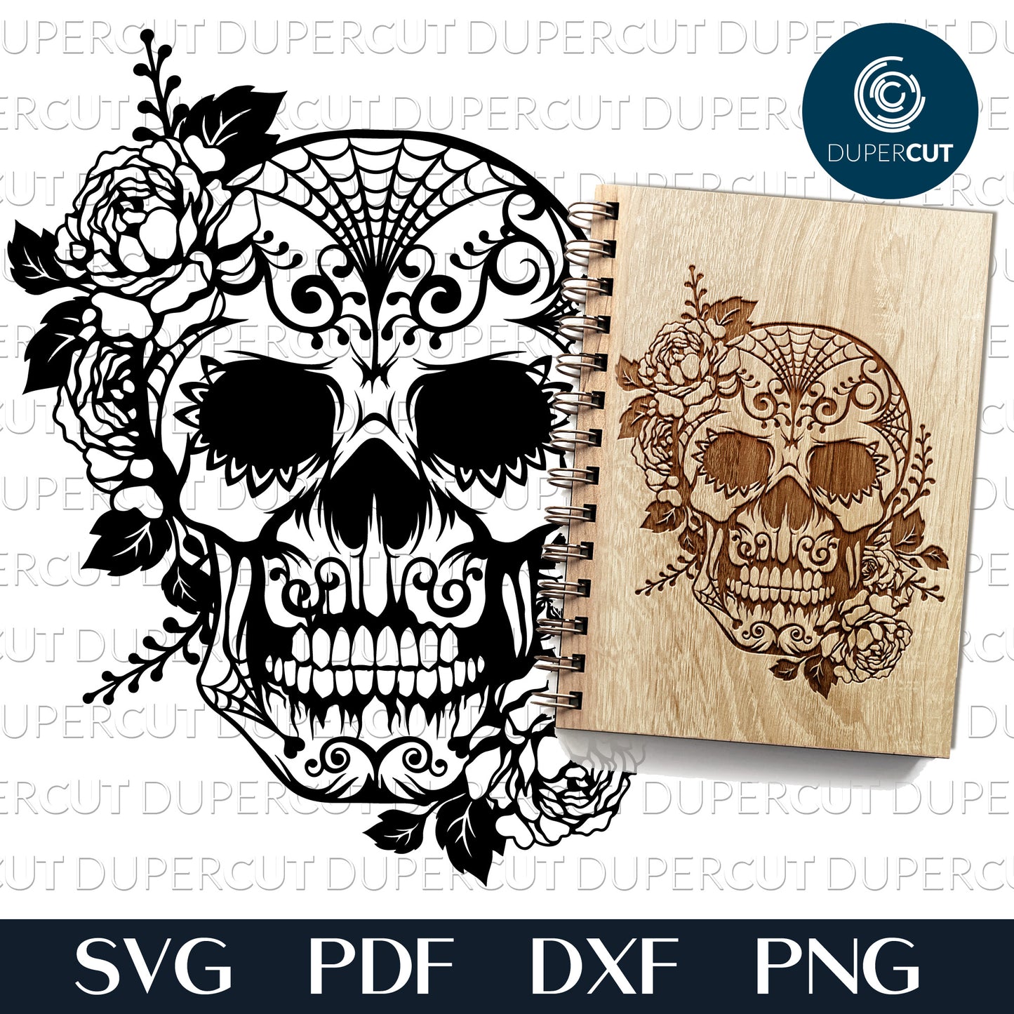 Floral Sugar Skull - SVG DXF PNG laser cutting and engraving files for Cricut, Silhouette Cameo, Glowforge by DuperCut