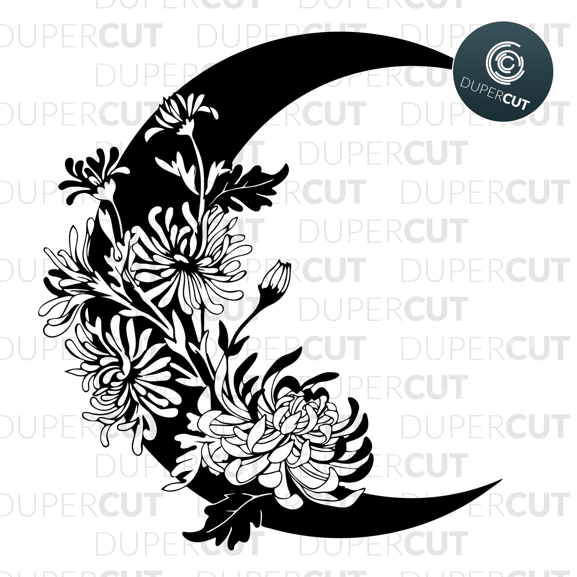 Paper cutting template - Moon with Flowers - Chrysanthemum