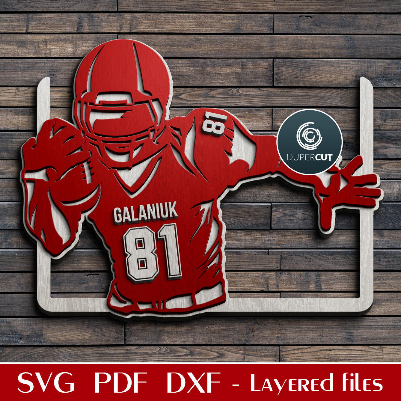 American football sign editable custom jersey name - SVG DXF EPS layered cutting files for Glowforge, Cricut, Silhouette Cameo, CNC plasma machines, scroll saw pattern by www.DuperCut.com