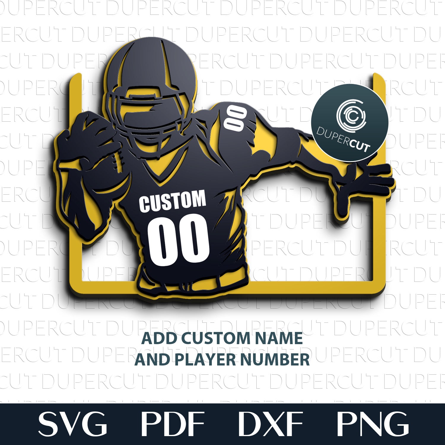 American football sign custom jersey name number - SVG DXF EPS layered cutting files for Glowforge, Cricut, Silhouette Cameo, CNC plasma machines, scroll saw pattern by www.DuperCut.com