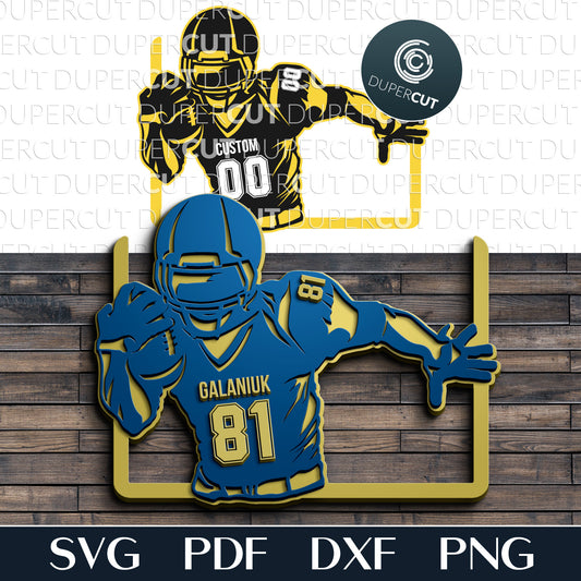 American football player with custom jersey name - SVG DXF EPS layered cutting files for Glowforge, Cricut, Silhouette Cameo, CNC plasma machines, scroll saw pattern by www.DuperCut.com