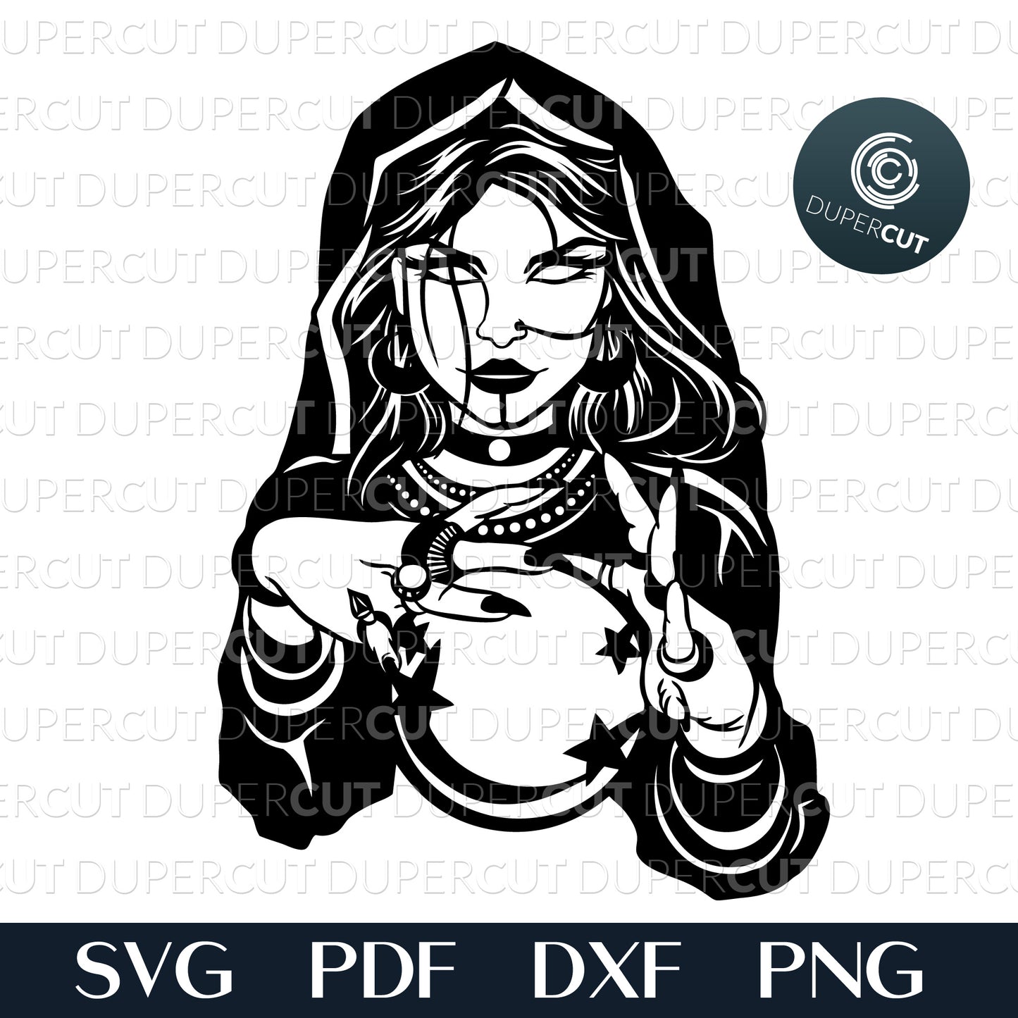 Paper cutting template - Fortuneteller Illustration - Black and white gothic - print on demand files