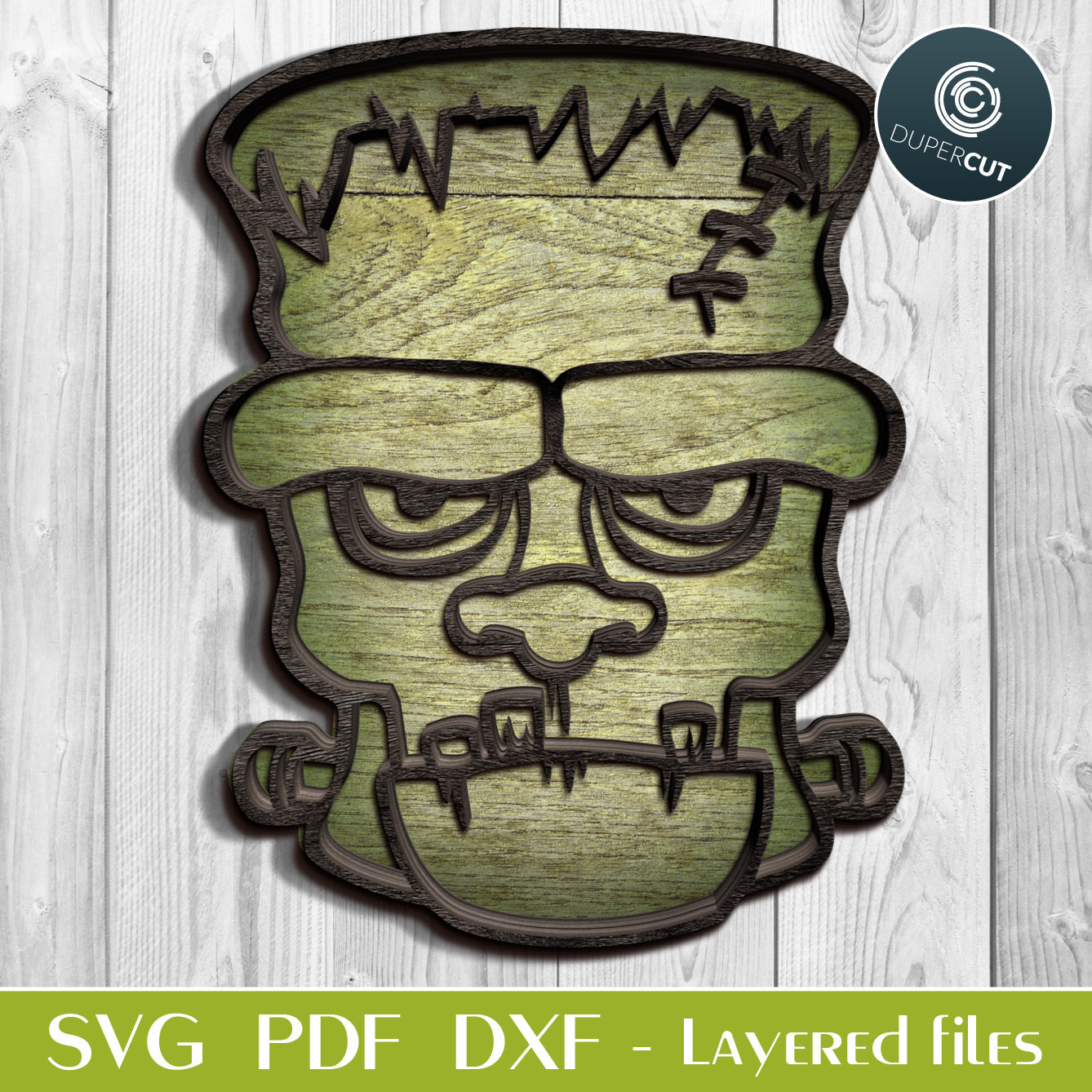 Frankestein face - layered Halloween cutting files, SVG PDF DXF template for laser cutting, engraving, Glowforge, Cricut, Silhouette