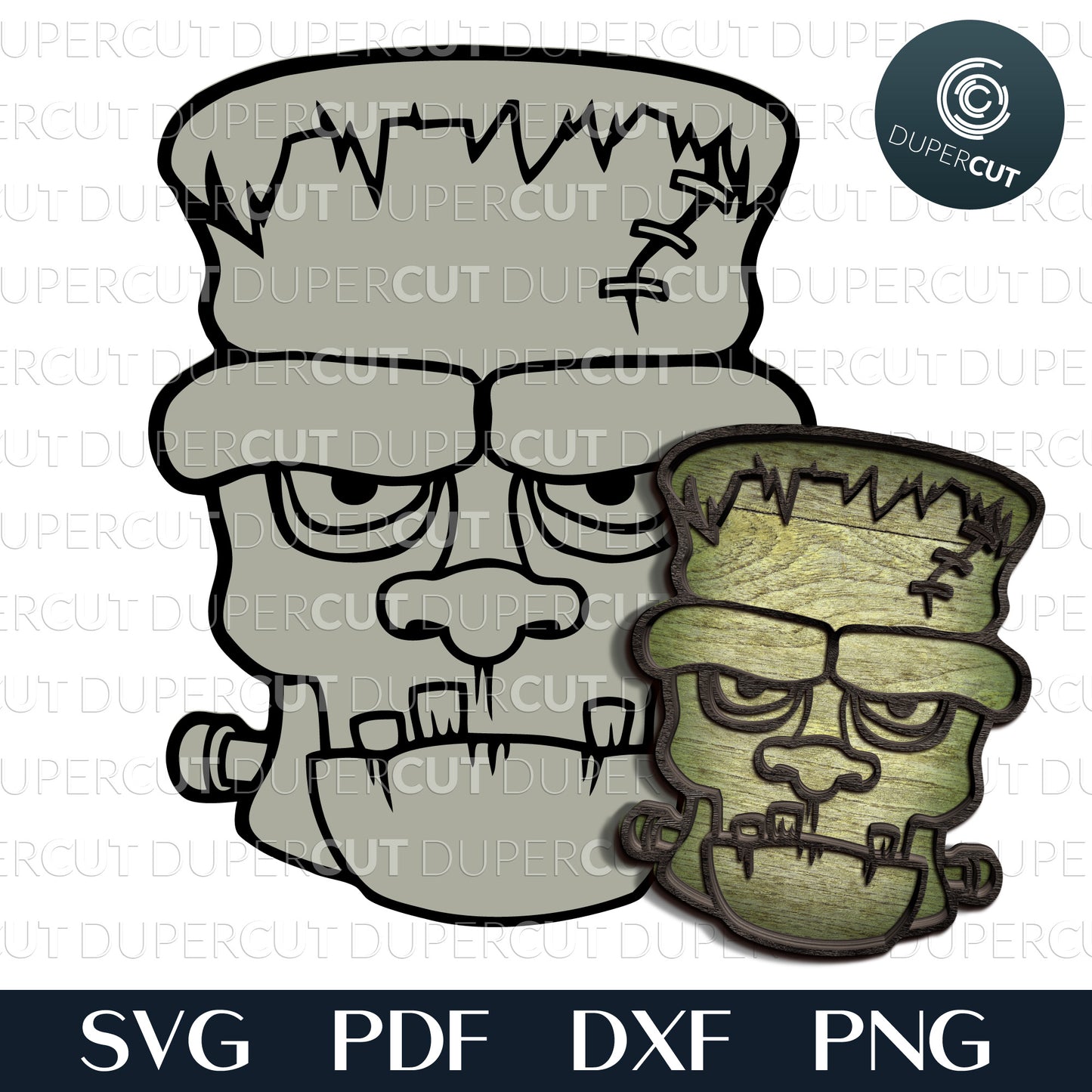 Frankestein face - layered Halloween cutting files, SVG PDF DXF template for laser cutting, engraving, Glowforge, Cricut, Silhouette