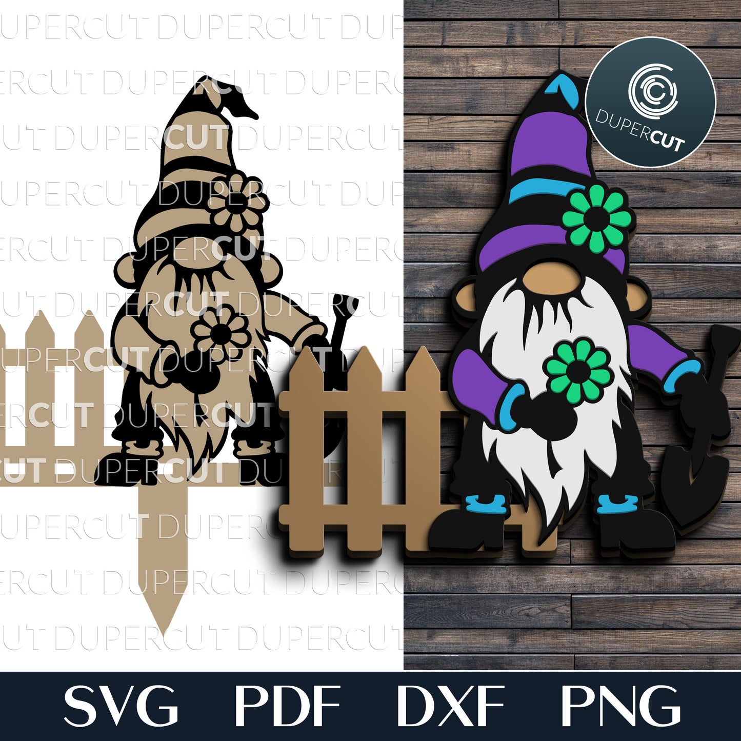 Garden gnome with flower - SVG DXF layered cutting files for Glowforge, Cricut, Silhouette cameo, CNC pattern by DuperCut.com