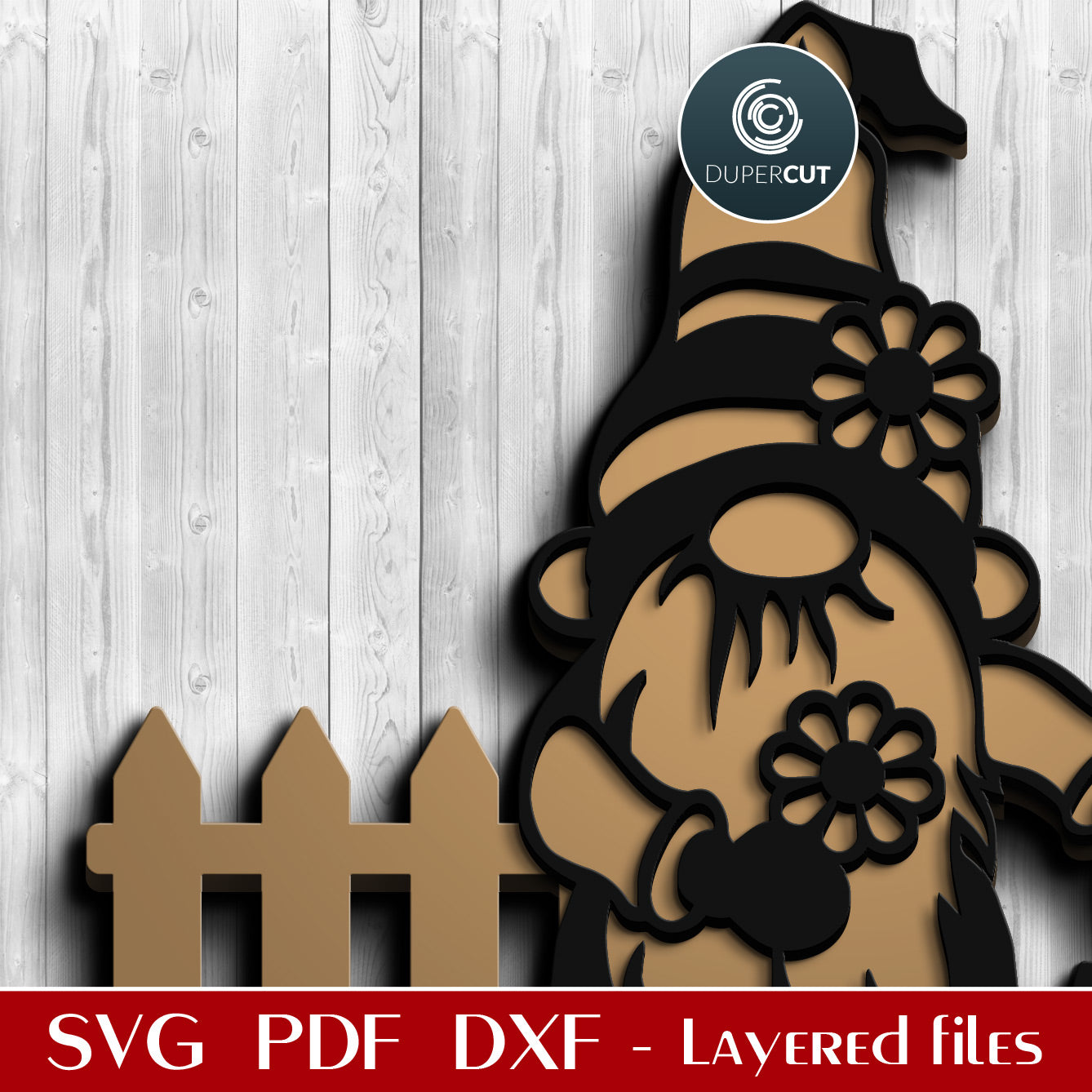 Garden gnome DIY spring yard decor - SVG DXF layered cutting files for Glowforge, Cricut, Silhouette cameo, CNC pattern by DuperCut.com