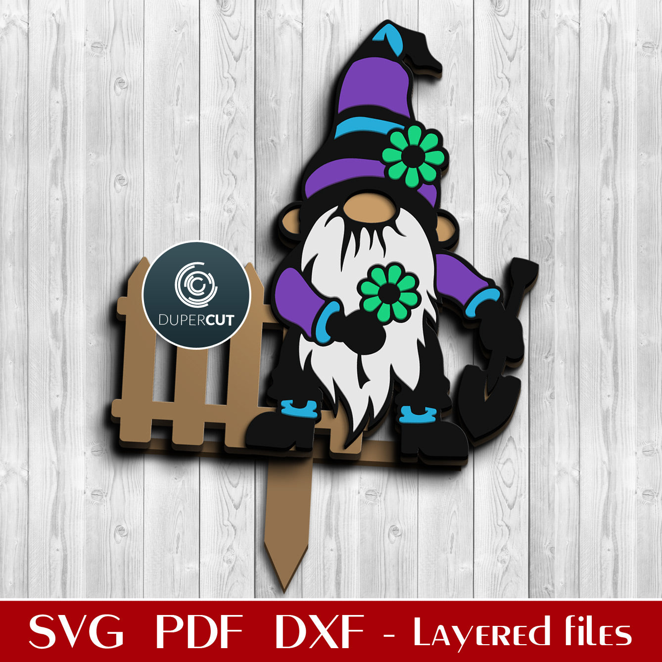 Garden gnome with yard stake decoration - SVG DXF layered cutting files for Glowforge, Cricut, Silhouette cameo, CNC pattern by DuperCut.com