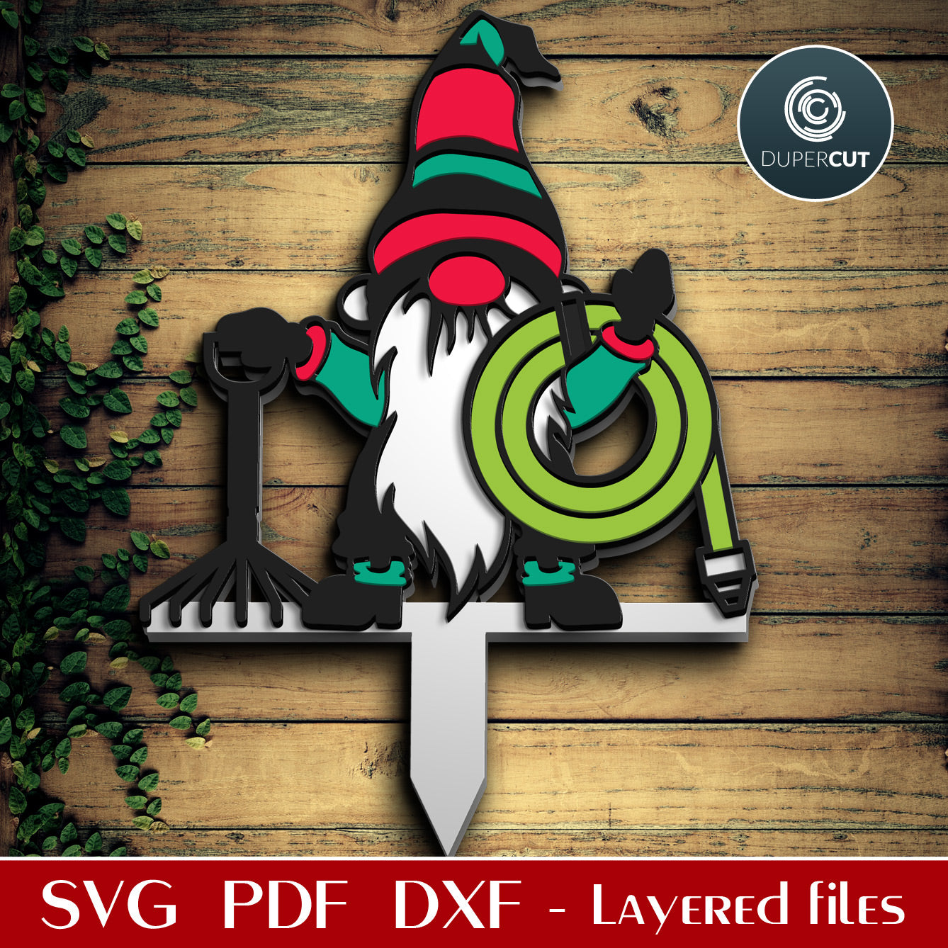 Cute garden gnome DIY yard decoration template - SVG DXF layered cutting files for Glowforge, Cricut, Silhouette cameo, CNC pattern by DuperCut.com