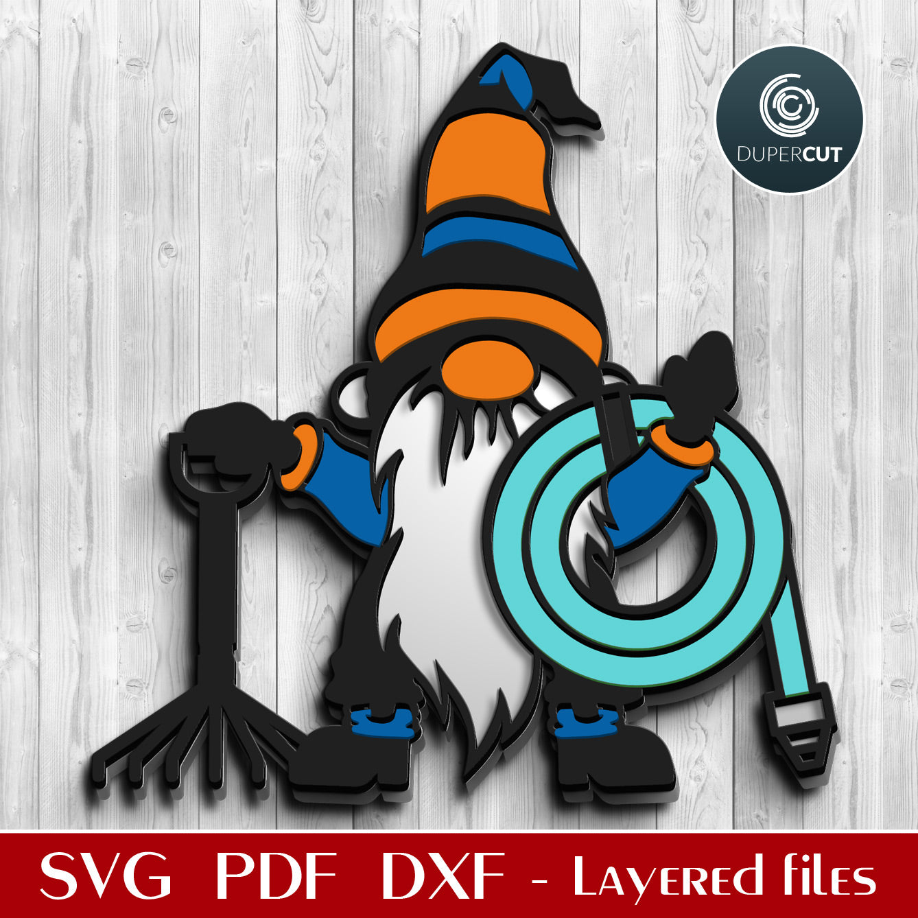 Garden gnome DIY yard decoration pattern - SVG DXF layered cutting files for Glowforge, Cricut, Silhouette cameo, CNC pattern by DuperCut.com