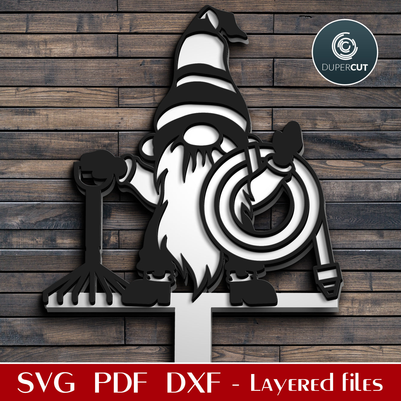 Garden gnome DIY yard decoration pattern - SVG DXF layered cutting files for Glowforge, Cricut, Silhouette cameo, CNC pattern by DuperCut.com