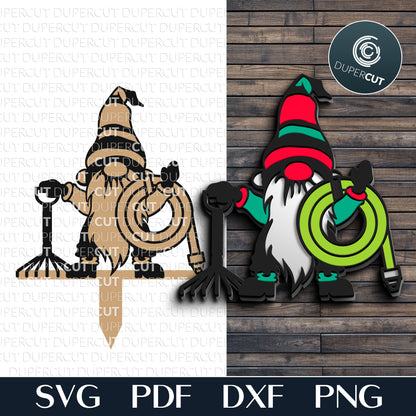 Garden gnome with hose and rake - SVG DXF layered cutting files for Glowforge, Cricut, Silhouette cameo, CNC pattern by DuperCut.com