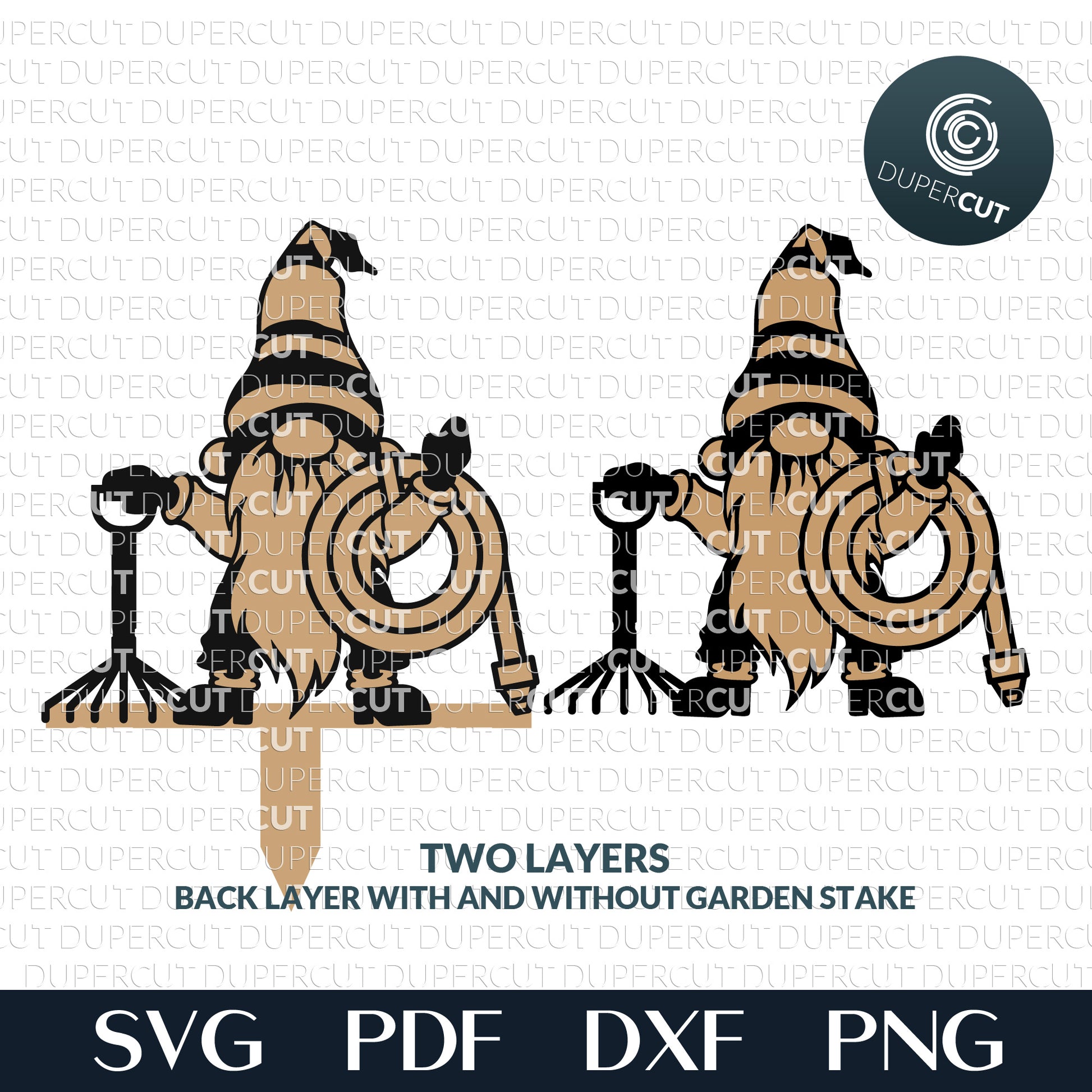 Garden gnome with hose and rake - SVG DXF layered cutting files for Glowforge, Cricut, Silhouette cameo, CNC pattern by DuperCut.com